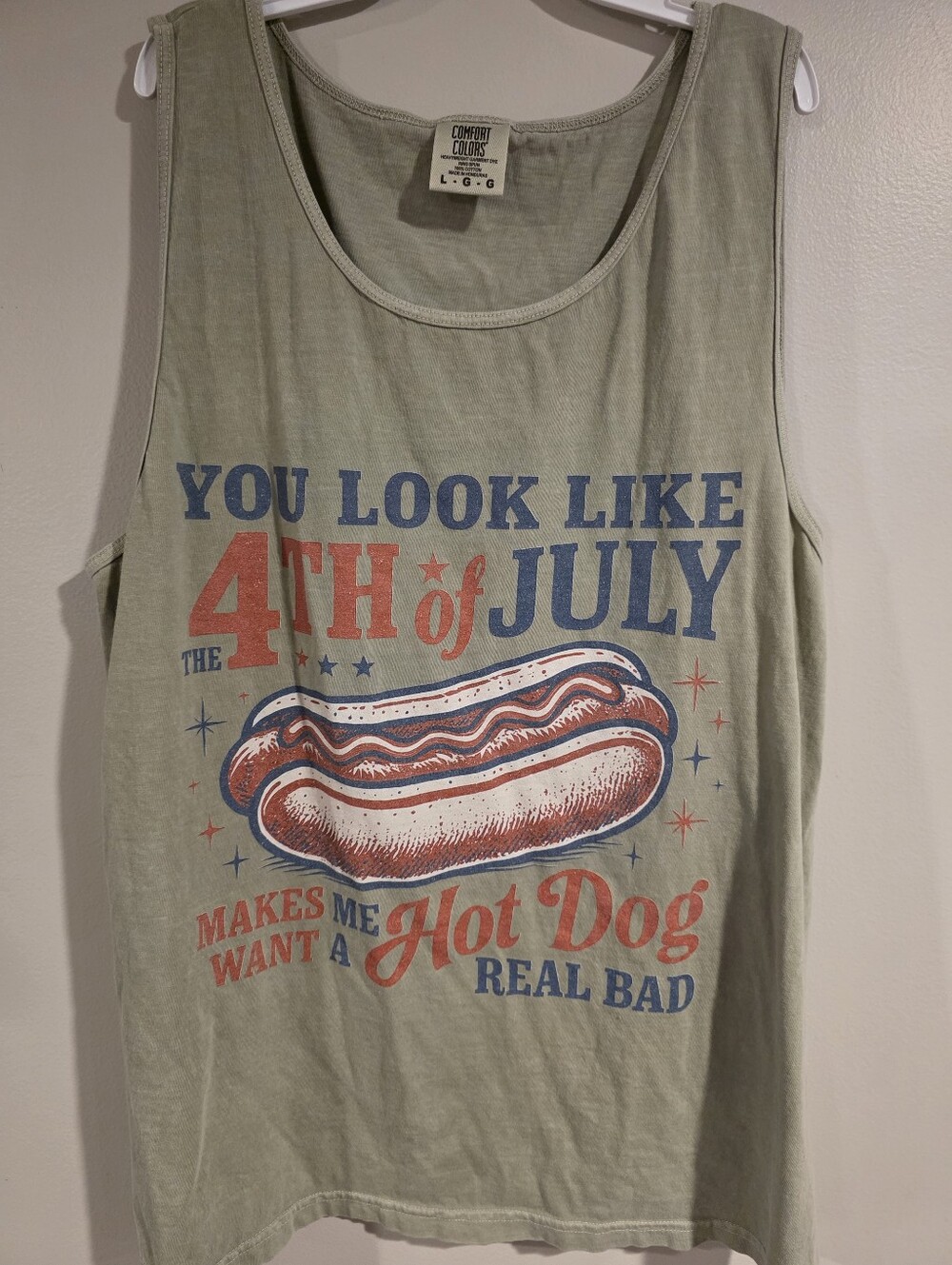 Comfort Colors Olive Graphic Tank Top with Red and Blue 4th of July Print